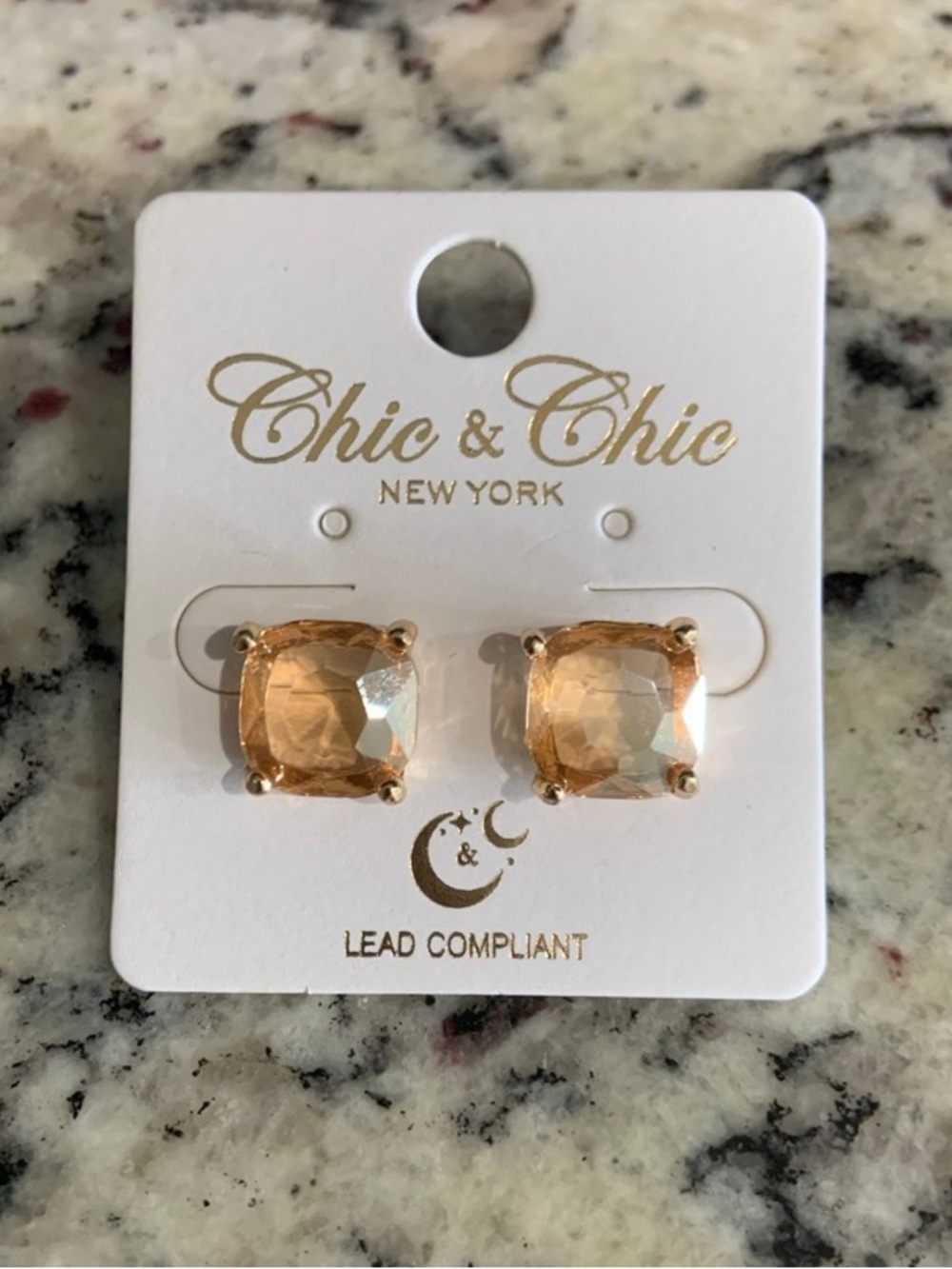 Chic & Chic New York Champagne/Amber Square Crystal Stone Stud Earrings-BNWT